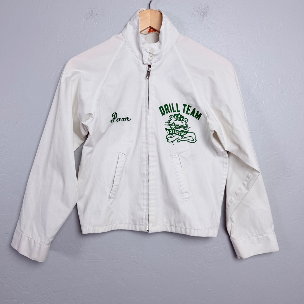 Vintage 1960s Sportsmaster Slauson Drill Team Jacket Pam White Green Zip Up L